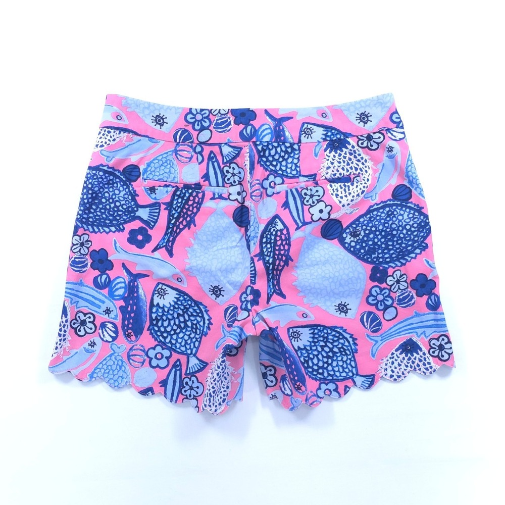 Talbots Womens Shorts Size 2 Pink Blue‎ Fish Print Scalloped Hem Chino - Picture 7 of 9